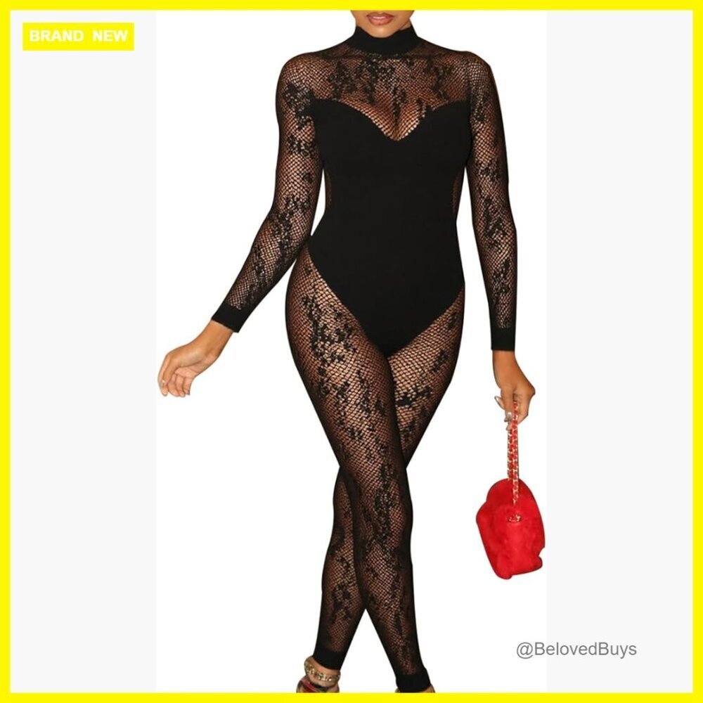 Sexy Lace Mesh Jumpsuit Long Sleeve See Through Bodysuit S/M